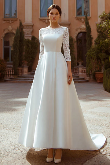 Ivory Bateau Neck A Line Lace Wedding Dress